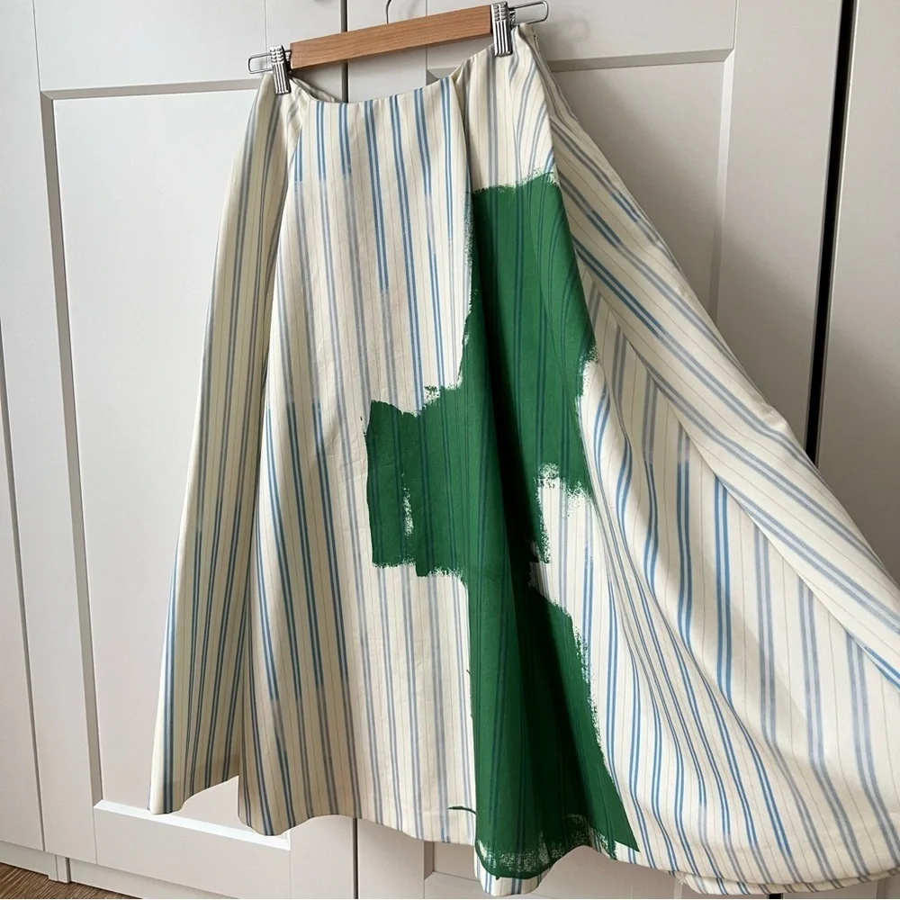 ZARA WOMAN MID-RISE MIDI STRIPED PRINT FULL SKIRT sz. XS